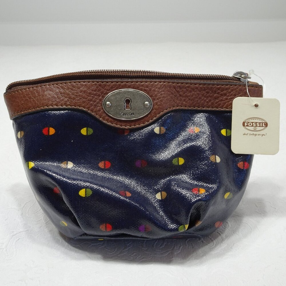 Fossil Key Per Wedge Cosmetic Blue Dot Zipper Leather Trim Bag